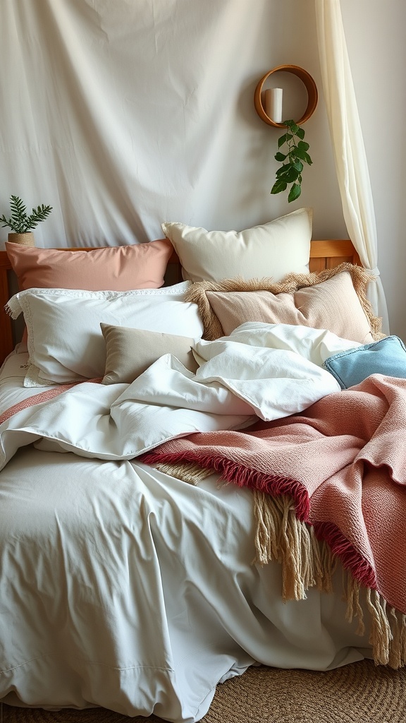 A cozy bed with layered linens and decorative pillows in a boho style bedroom