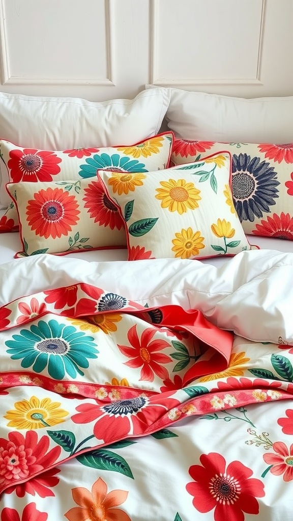 Colorful layered bedding with floral patterns in a cozy bedroom setting