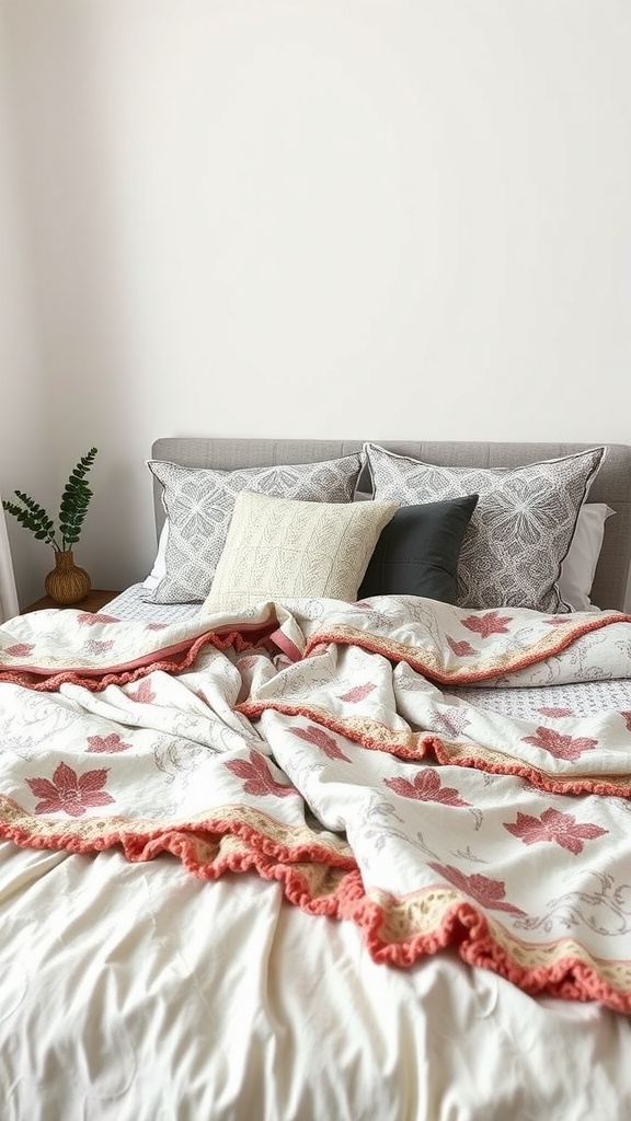 Cozy layered bedding on a bed with floral patterns and decorative pillows.