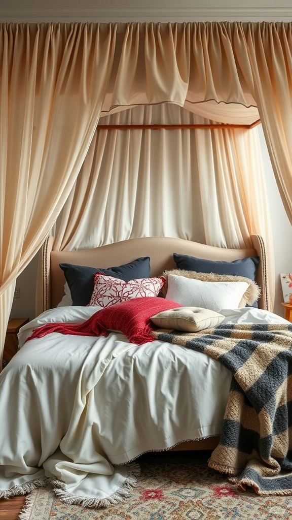 Layered bedding in a serene boho bedroom featuring a canopy bed with various textures and colors.