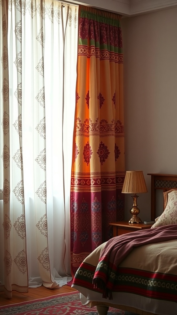 Layered curtains in a bedroom with patterned and sheer fabrics