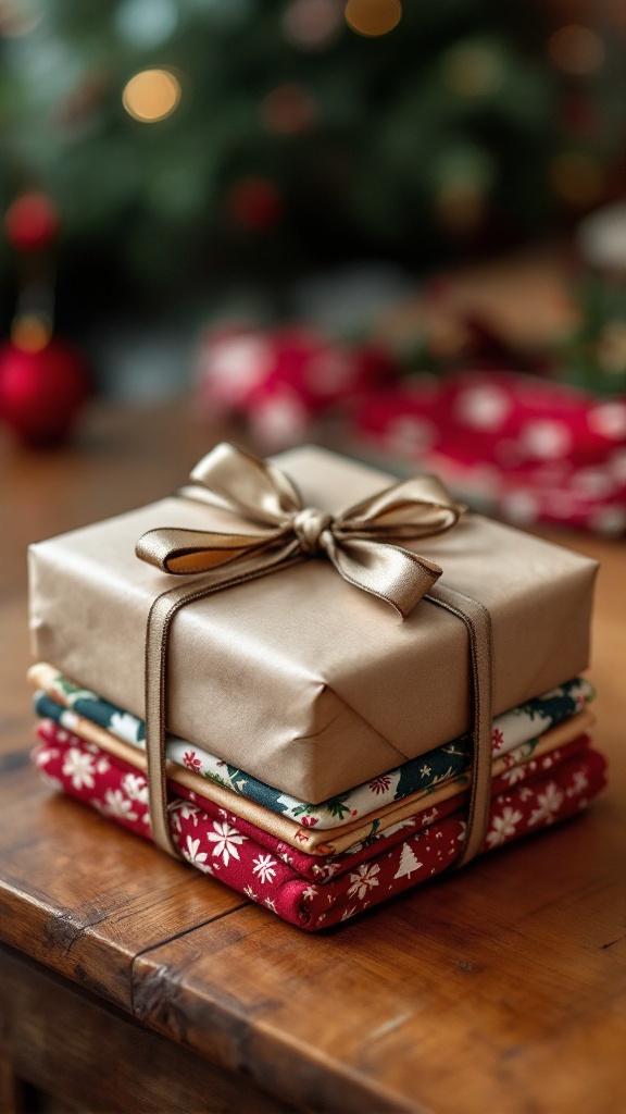 A beautifully wrapped gift with layered fabric and kraft paper.