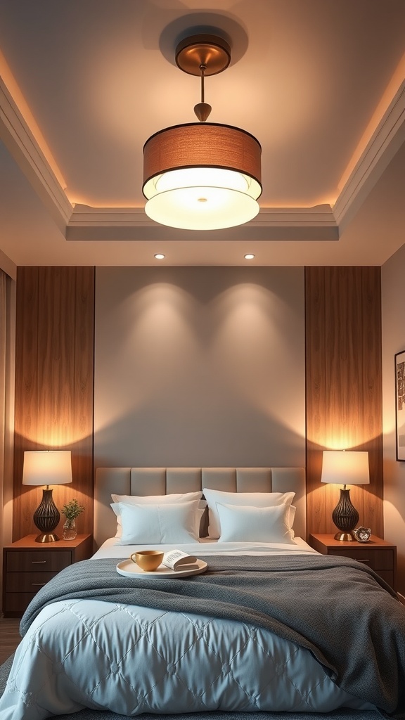 A cozy bedroom featuring a large bed with white linens, elegant bedside lamps, and layered lighting from the ceiling.
