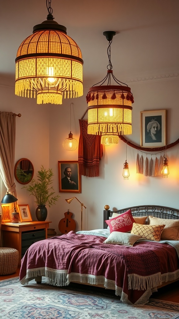 A Cozy Boho Eclectic Bedroom featuring layered lighting fixtures with warm tones and intricate designs.