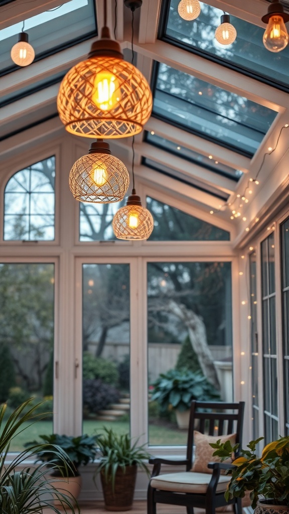 A cozy sunroom with layered lighting fixtures, showcasing woven pendant lights and string lights against large glass windows.