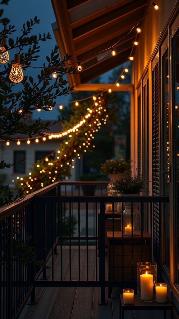 Cozy balcony with string lights, candles, and plants creating a warm atmosphere.