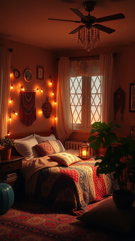 Cozy boho bedroom with layered lighting, featuring a ceiling fan, string lights, and a bedside lantern.