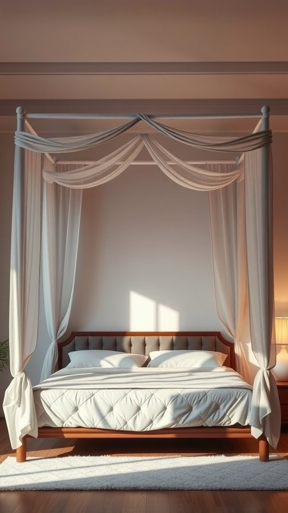 A serene boho bedroom featuring a canopy bed with soft drapes and warm lighting.