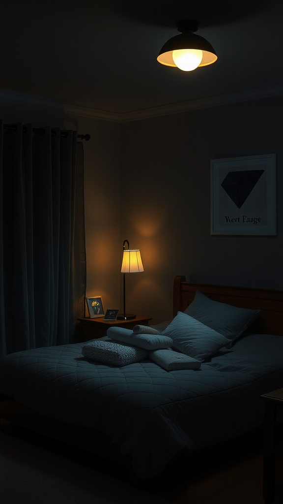 A dark and moody bedroom featuring layered lighting with an overhead light and a bedside lamp.