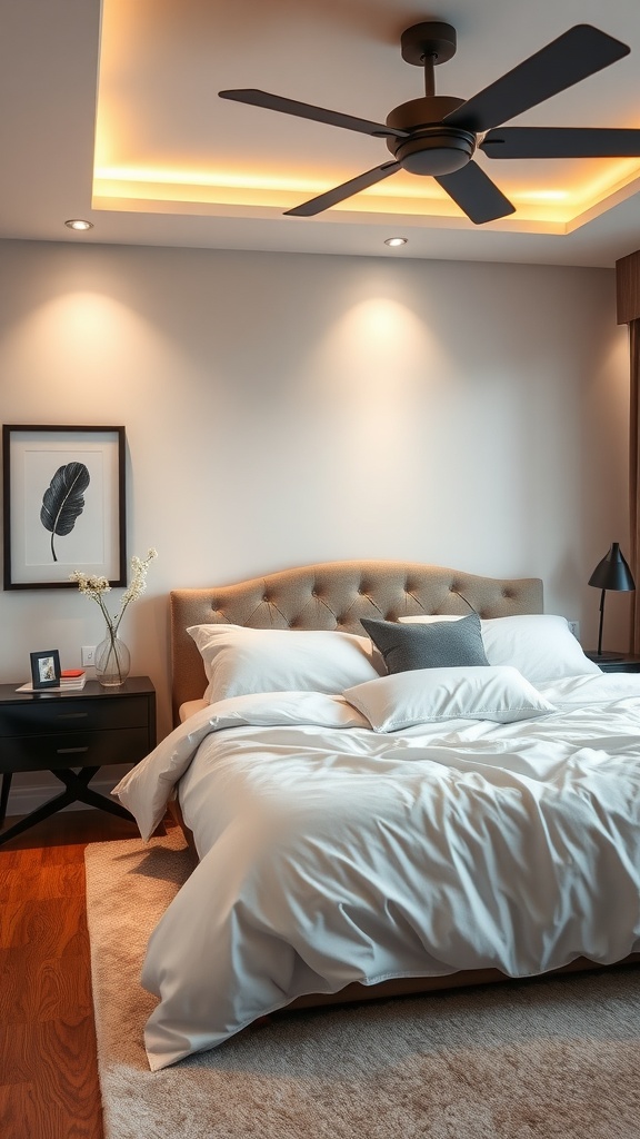 A chic boho mid-century modern bedroom showcasing layered lighting with a ceiling fan, recessed lighting, and bedside lamps.