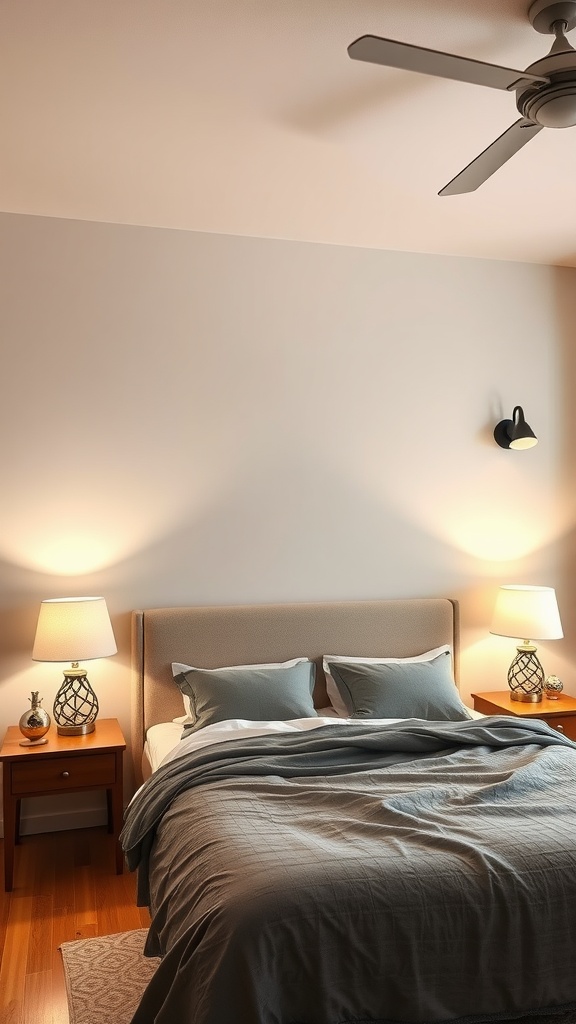 Cozy modern farmhouse bedroom with layered lighting including bedside lamps and wall-mounted light