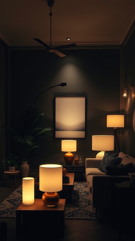 A cozy dark boho living room showcasing layered lighting with various lamps and a ceiling fan.