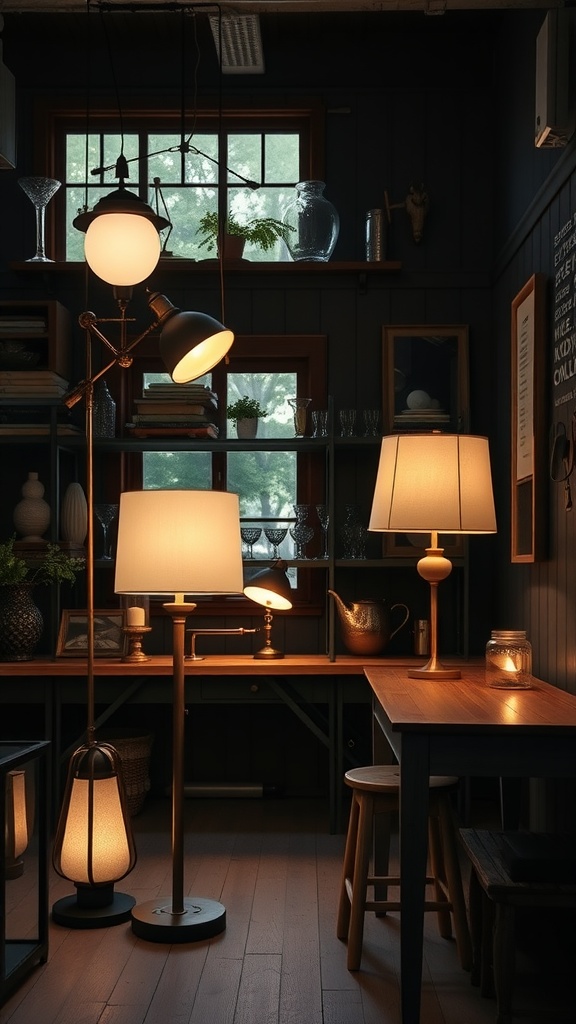 A cozy dark farmhouse living room featuring layered lighting with various lamps and warm tones.
