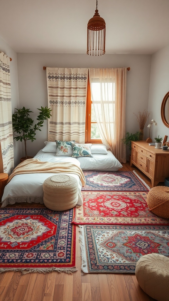 A boho style bedroom featuring layered rugs, a cozy bed, and natural decor.