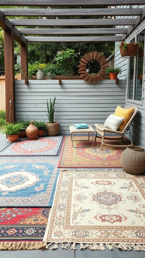 A cozy patio with layered rugs showcasing vibrant colors and patterns