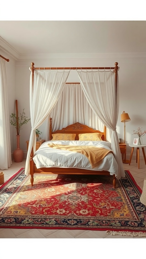 A cozy boho bedroom featuring a canopy bed and layered rugs.