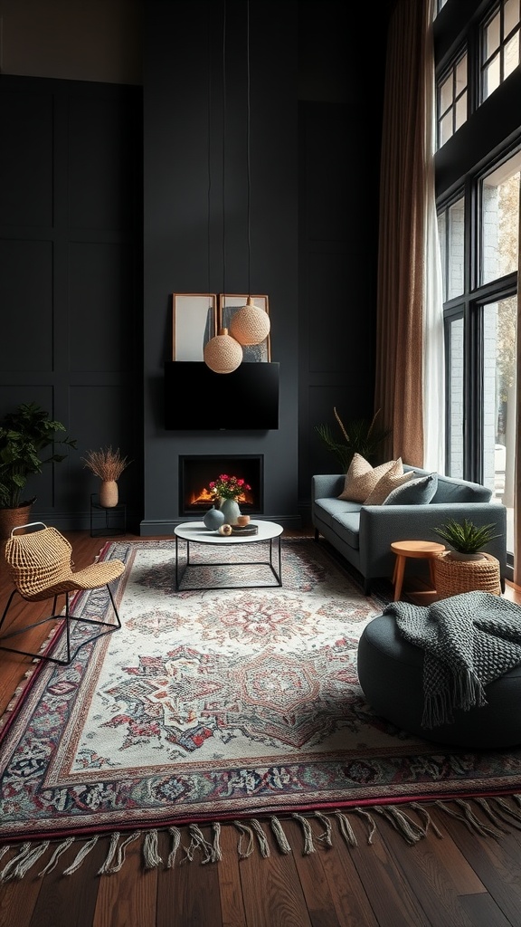 A cozy dark boho living room with layered rugs, featuring a patterned area rug on wooden flooring, a modern couch, and a fireplace.