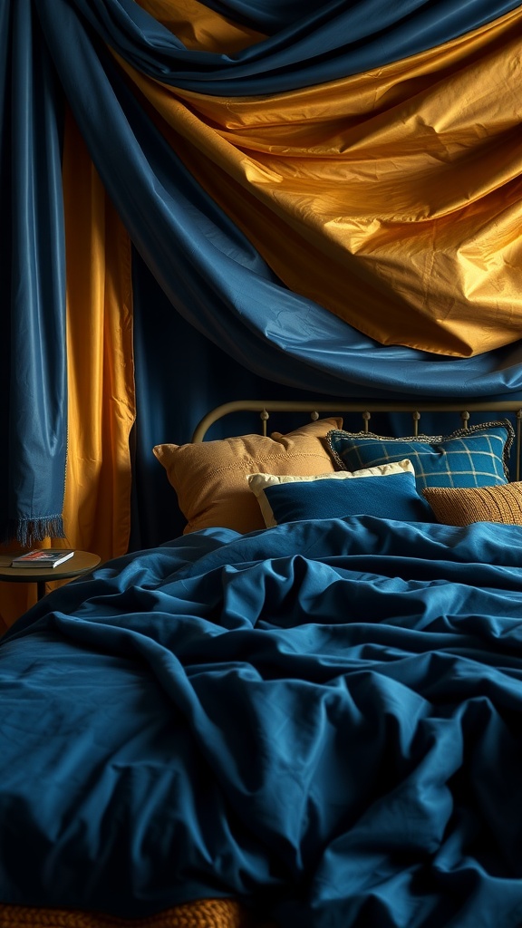 A cozy bedroom with layered blue and gold textiles, featuring draped fabric and decorative pillows.