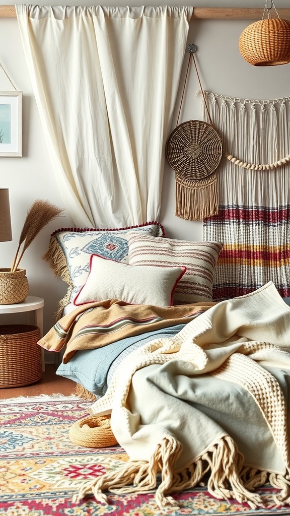A cozy boho mid-century modern bedroom with layered textiles including pillows, blankets, curtains, and a decorative wall hanging.