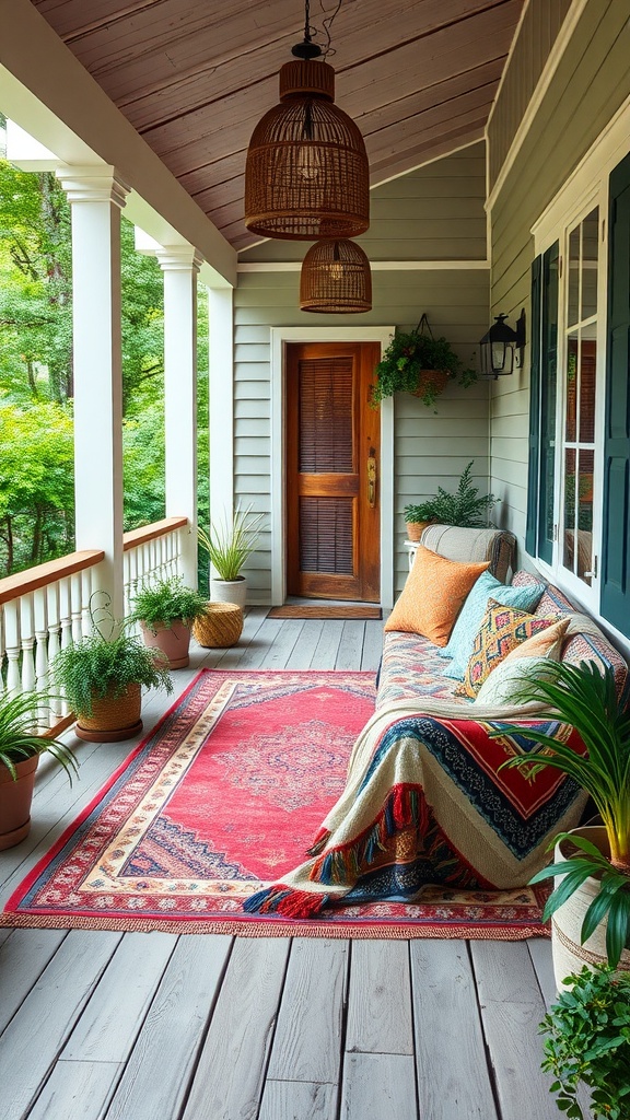 Boho back porch with layered textiles, a patterned rug, colorful cushions, and plants.
