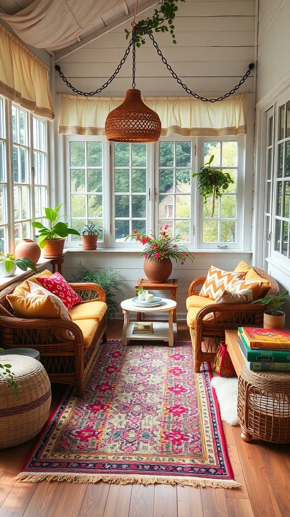 A cozy boho style sunroom featuring layered textiles, vibrant cushions, and a colorful rug.