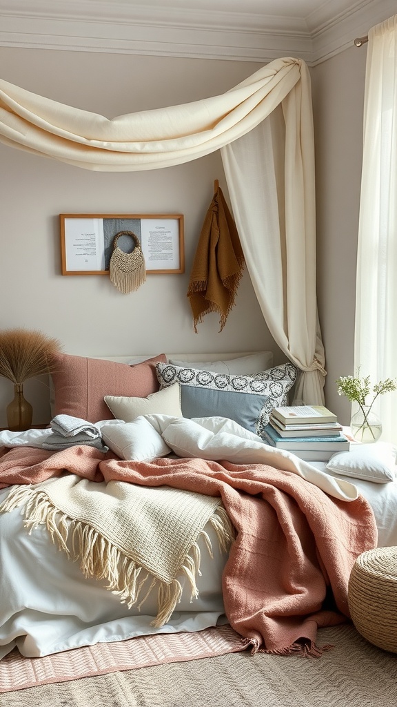 A cozy bedroom with layered textiles, including various cushions and throws in soft colors, draped fabric above the bed, and natural light filtering through sheer curtains.