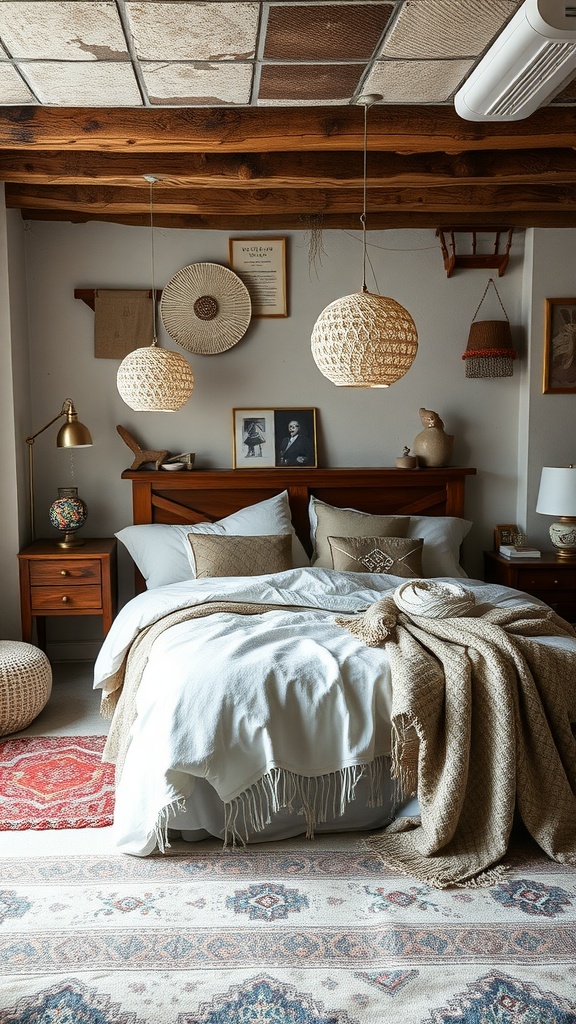 Cozy farmhouse basement bedroom with layered textiles, including a white bedspread and patterned rugs.
