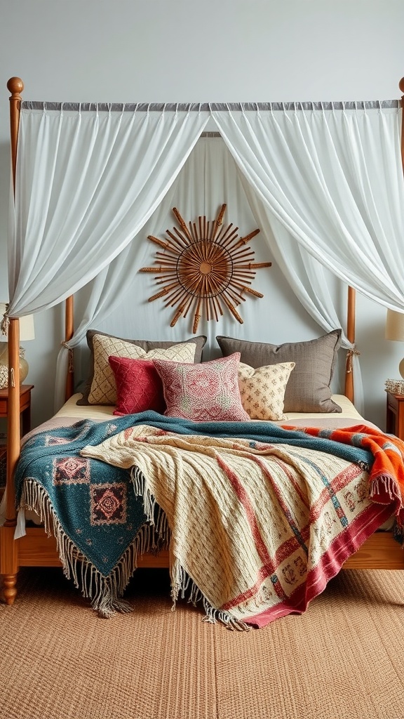 A serene boho bedroom featuring a canopy bed adorned with layered textiles including colorful throws and decorative pillows.