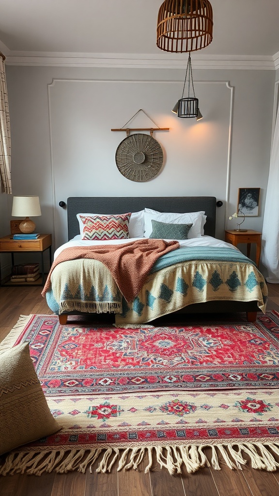 Cozy bedroom with layered textiles, including a colorful rug and blankets.