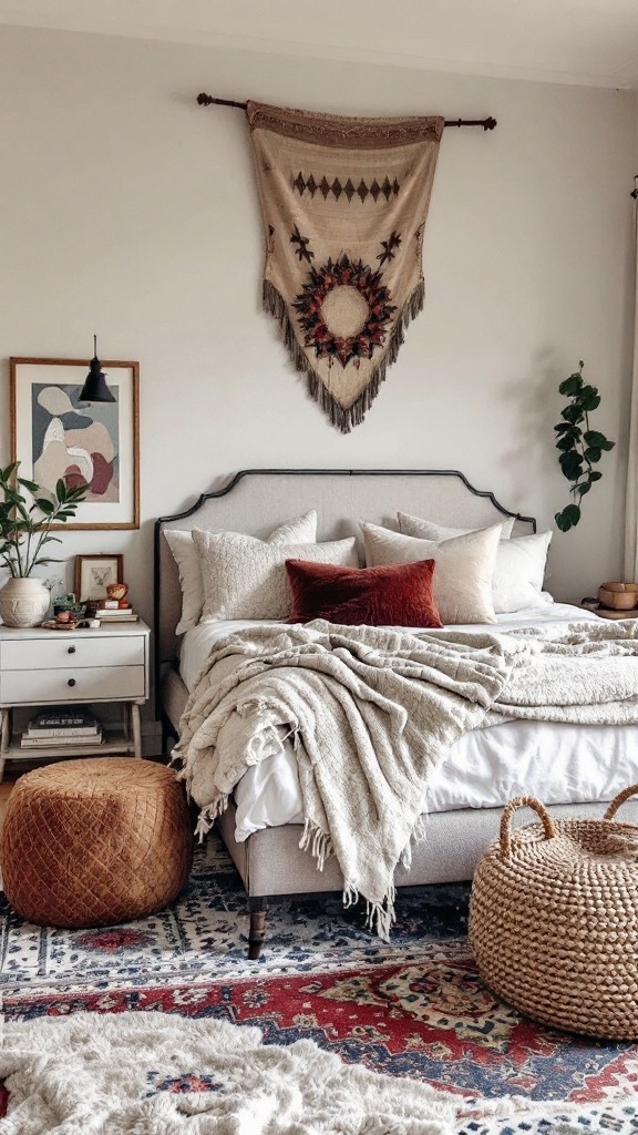 Cozy bedroom with layered textiles, including a colorful rug and blankets.