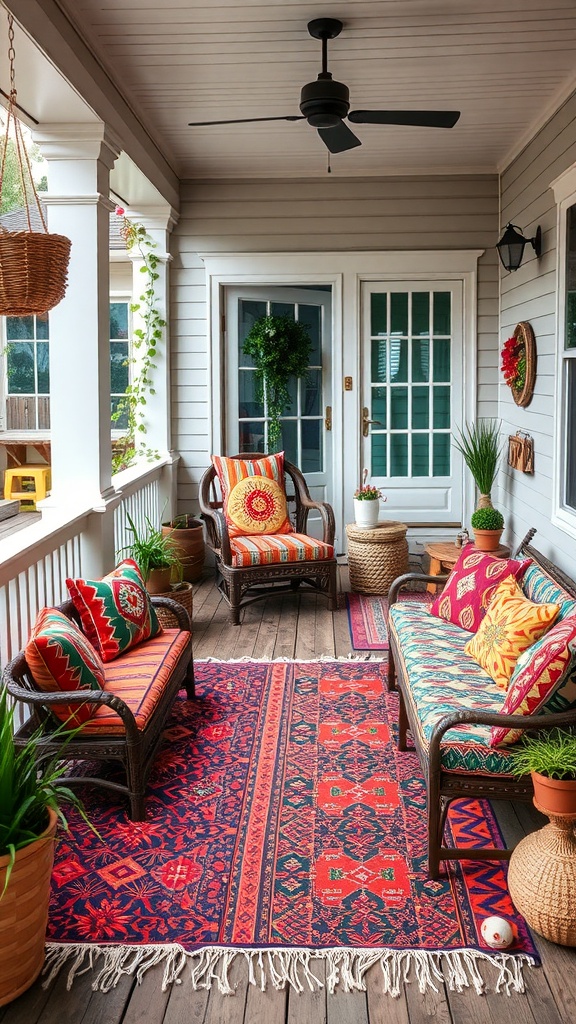 A cozy back porch featuring layered textiles with bold patterns, including colorful cushions and a vibrant rug.