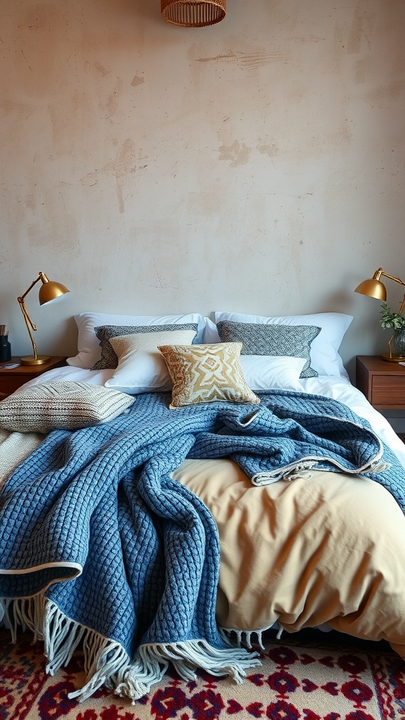 Cozy layered textures in a Boho jungle themed bedroom showcasing a knitted throw and patterned pillows.