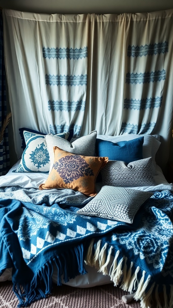 Cozy bed with layered blue and patterned pillows and blankets in a boho bedroom