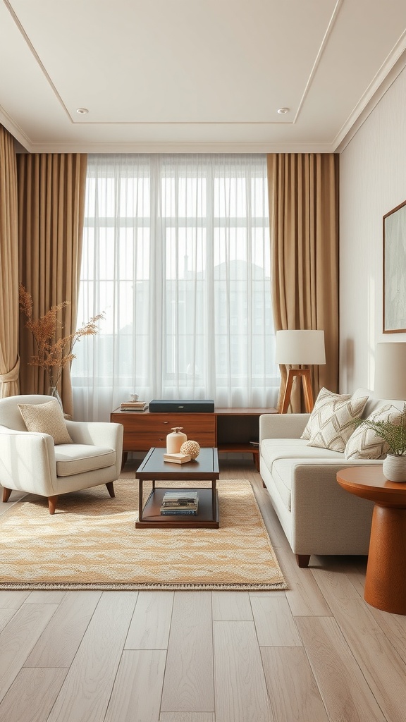 A modern beige living room with soft curtains, a plush sofa, and layered textures.
