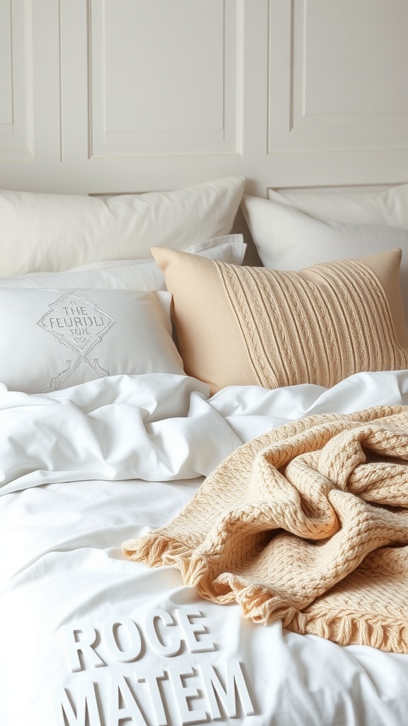 Cozy bed with layered linen textures, featuring white bedding and beige pillows