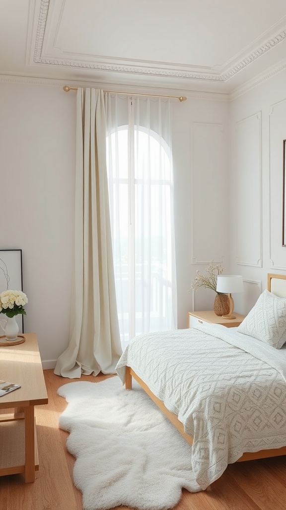 A cozy bedroom featuring layered white and beige decor, with light curtains, a plush rug, and wooden furniture.