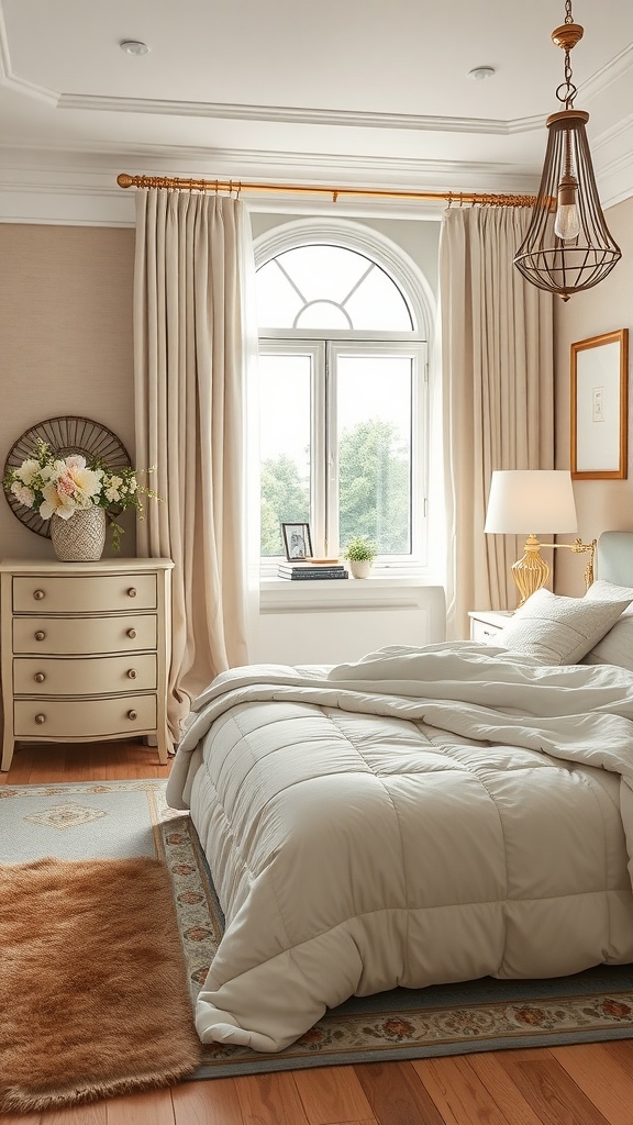 A modern beige and white bedroom featuring soft textures, a cozy bed, and natural light.