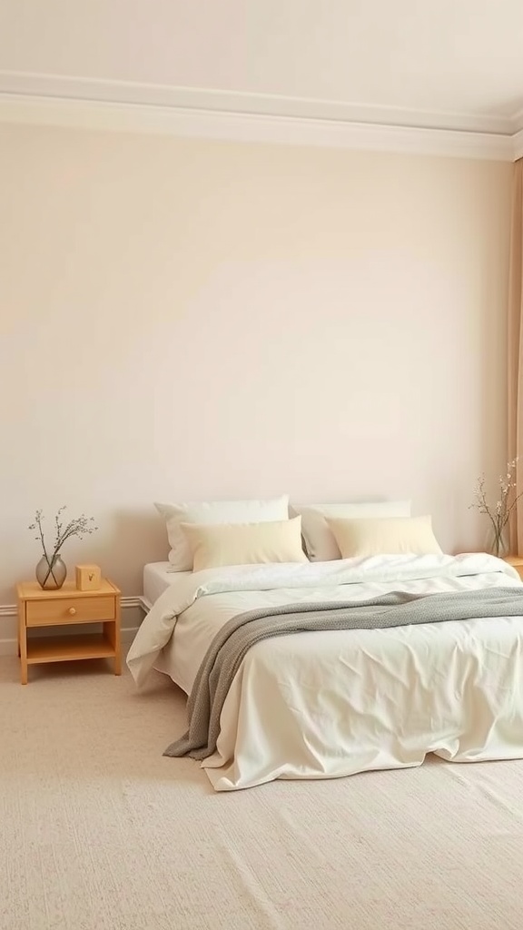 A beige bedroom with soft bedding and pastel accents.