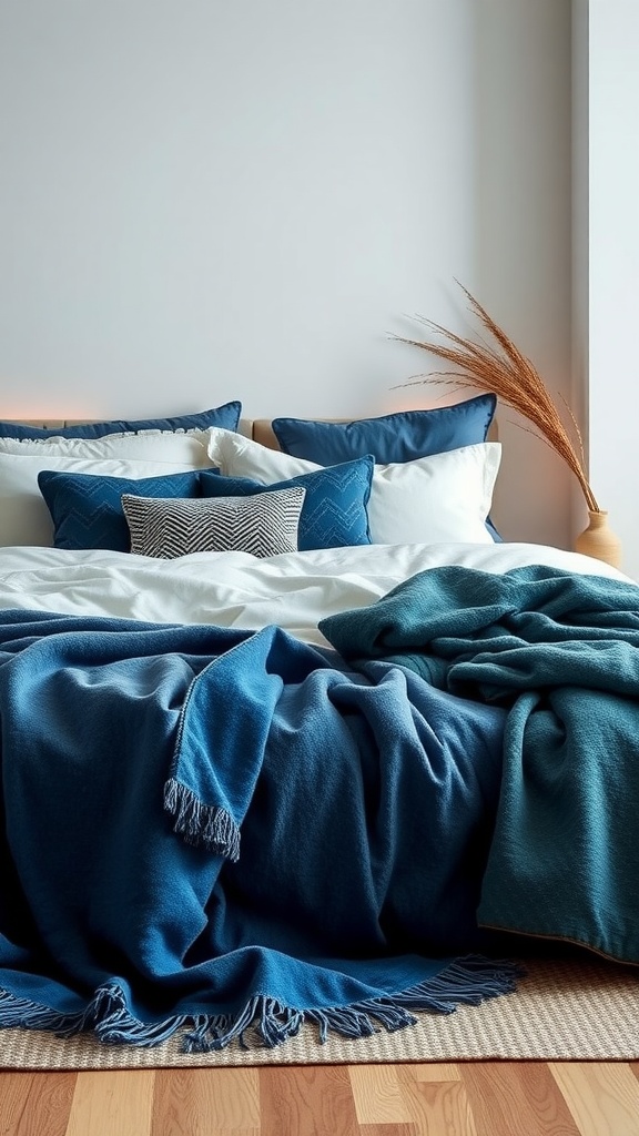 A cozy boho bedroom with layered blue throws and pillows on a bed.