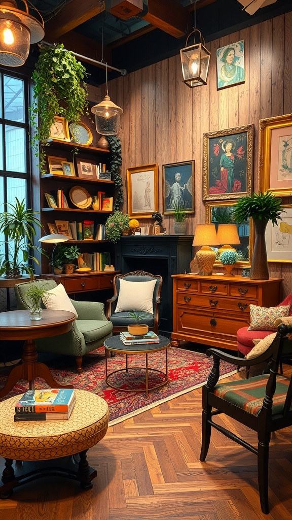 A cozy Boho eclectic bedroom with vintage furniture, colorful decor, and greenery.
