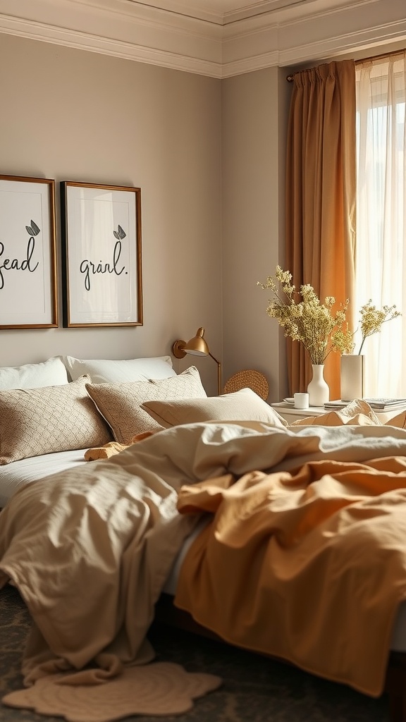 A cozy beige bedroom with layered bedding, warm curtains, and decorative artwork.