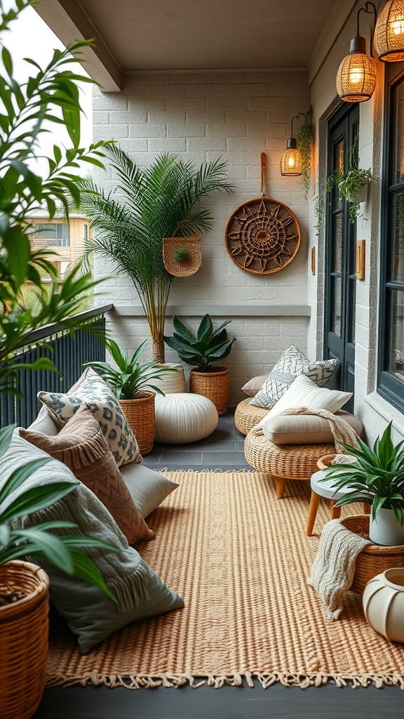 Cozy balcony with layered textures, including cushions, rugs, and plants.