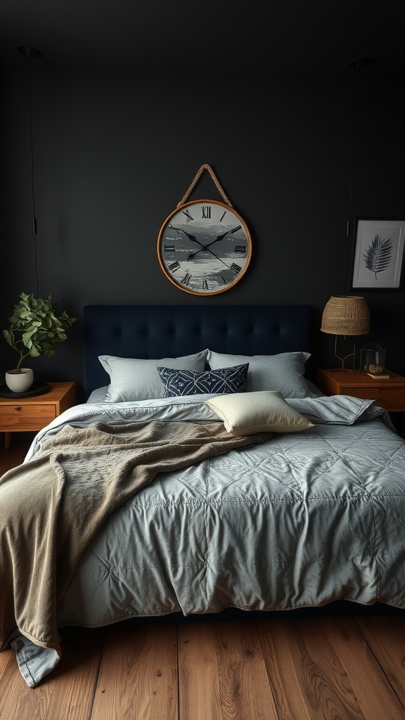 A dark and moody bedroom with layered textures, featuring a dark wall, cozy bed with various bedding, a potted plant, and wooden furniture.
