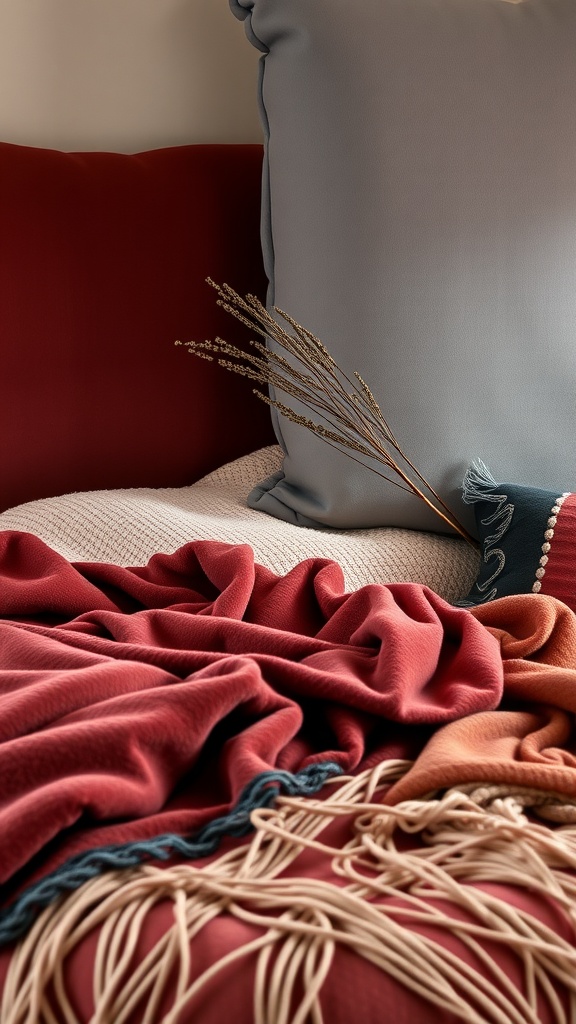 A close-up of layered textiles in a moody bedroom, featuring red and gray cushions and a knitted throw.