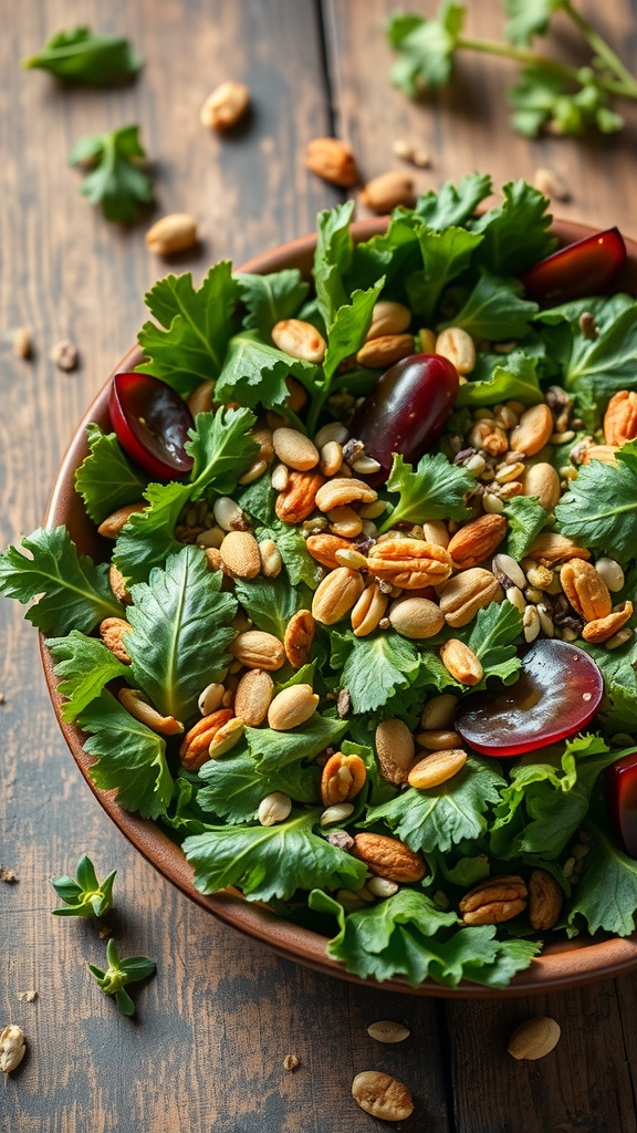 A fresh salad featuring leafy greens, nuts, and grapes in a bowl.