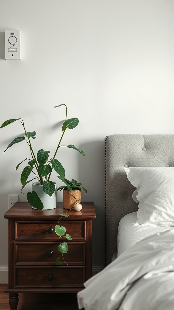 A cozy bedroom scene featuring a nightstand with leafy plants, showcasing a Boho jungle theme.
