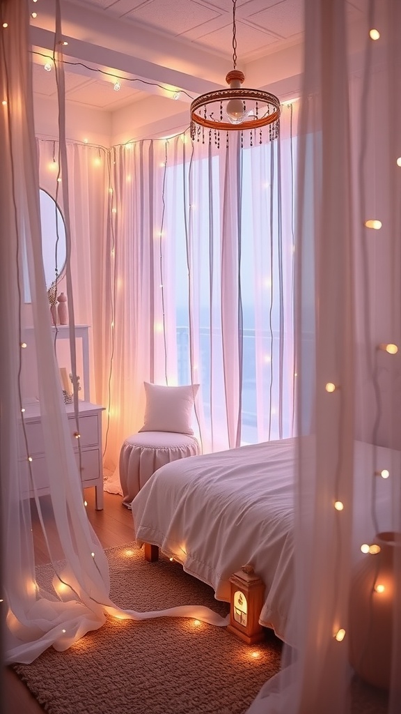 A cozy bedroom with LED fairy lights draped in tulle curtains, creating a warm and inviting atmosphere.