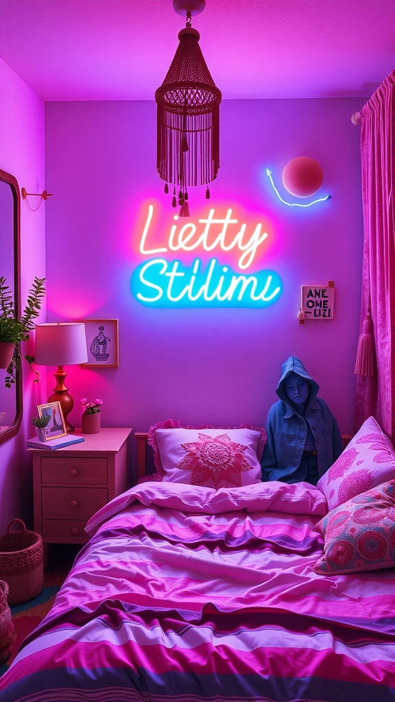 Colorful LED neon sign in a cozy boho bedroom setting.
