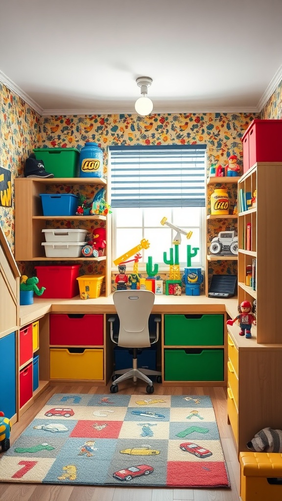 A colorful boy's bedroom with LEGO-inspired decor, featuring a bright desk, storage boxes, and playful wallpaper.