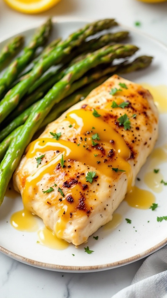 A plate of Lemon Butter Chicken garnished with parsley and served with asparagus on the side